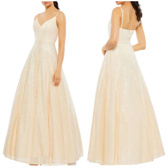 Mac Duggal IEENA NWT V-Neck Sequined Ball Gown Size 6 Pearl On Seam Pockets - Picture 1 of 10